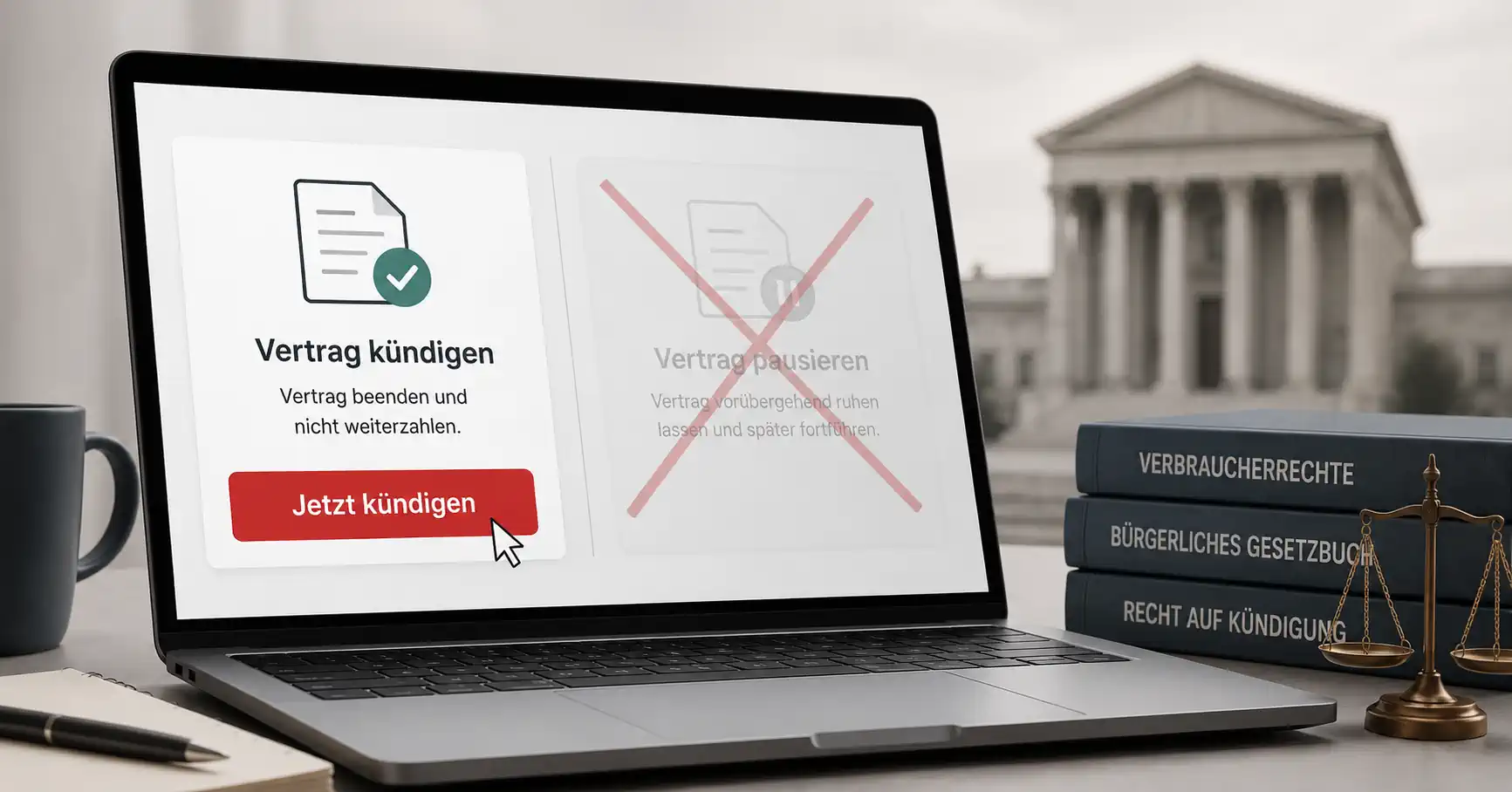 Online-Kündigung mit Kündigungsbutton und ablenkendem Pausenangebot auf der Bestätigungsseite