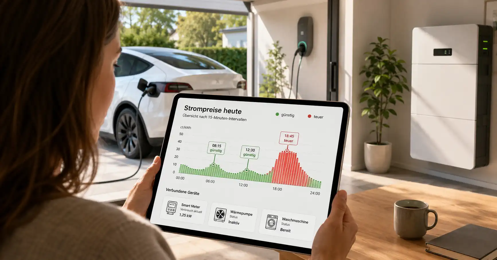 Verbraucher vergleicht dynamische Strompreise auf einem Tablet