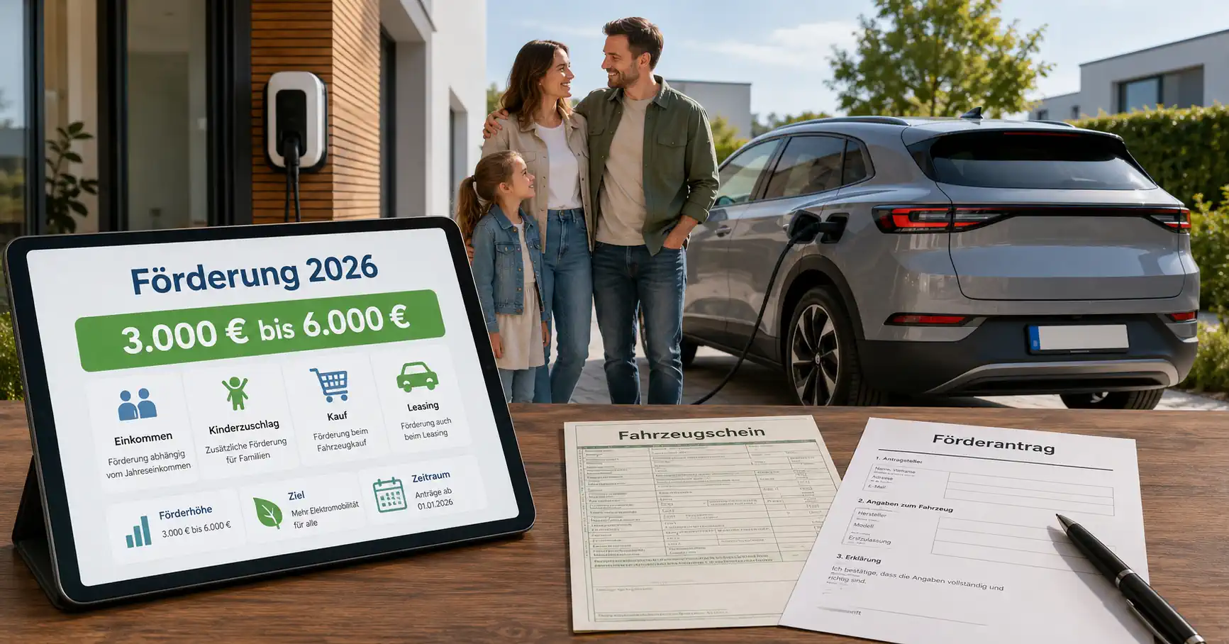 Familie informiert sich über die E-Auto-Förderung 2026 für Kauf und Leasing