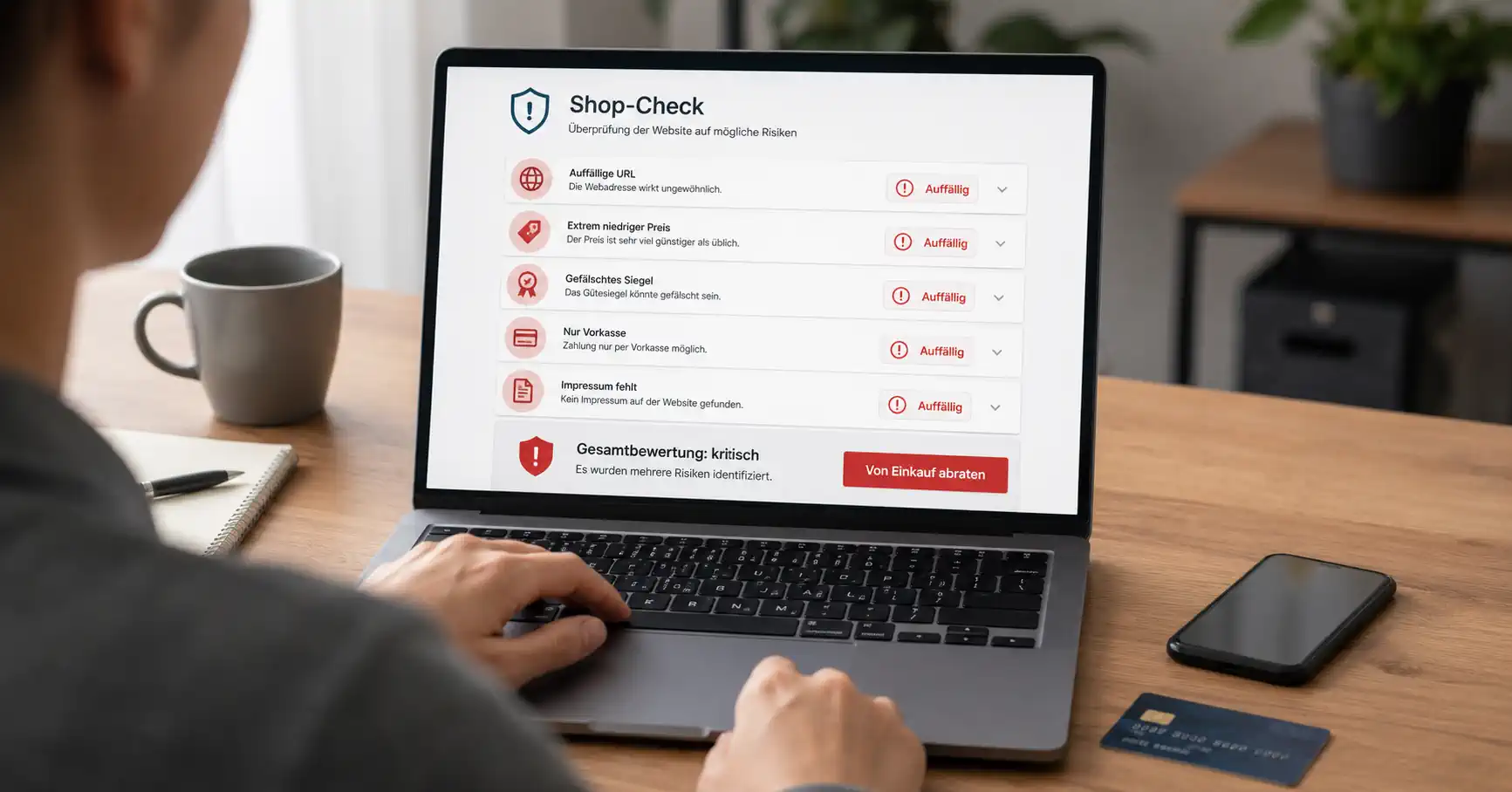 erbraucher prüft einen verdächtigen Online-Shop mit einem Fake-Shop-Check