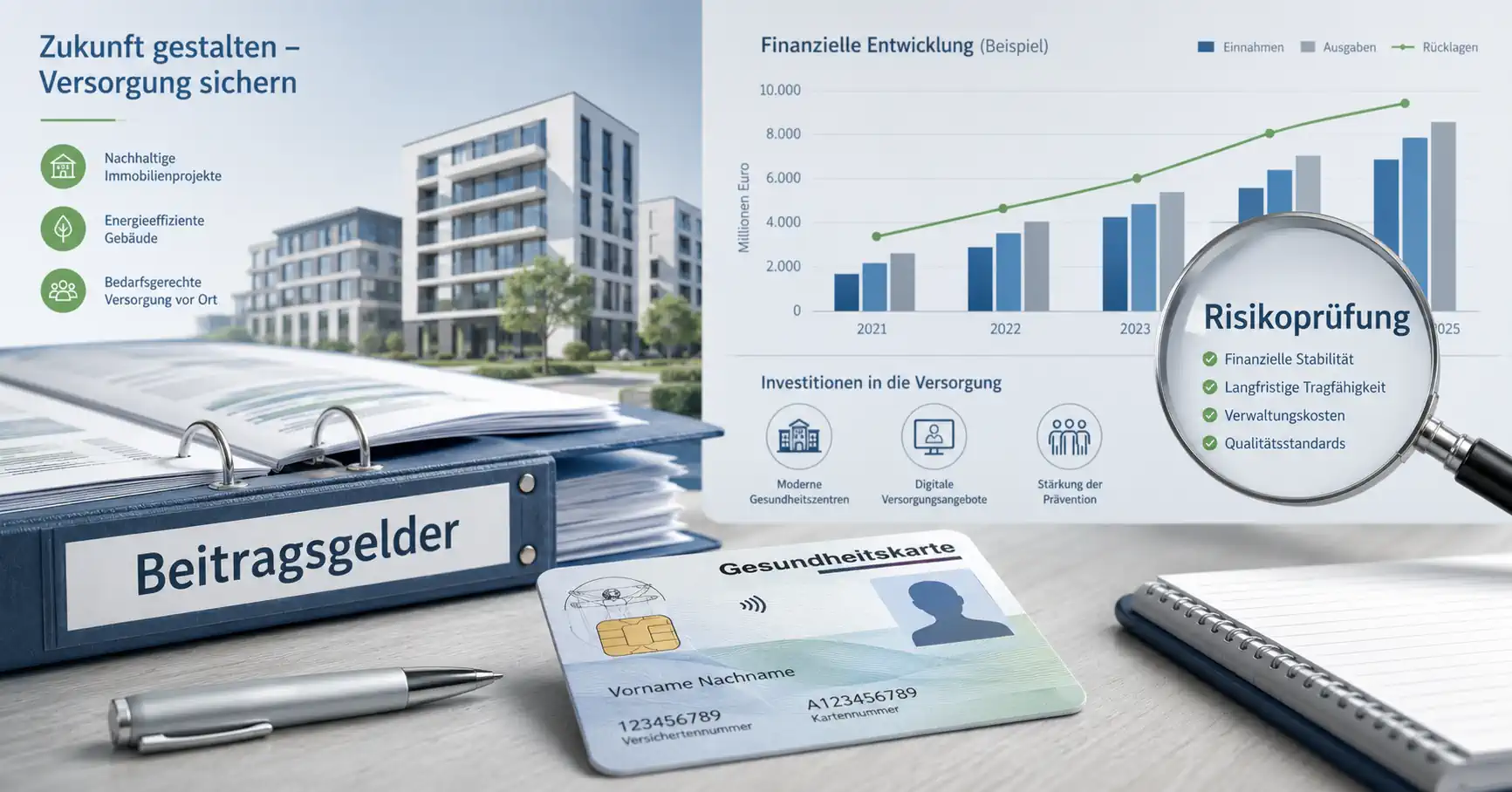 Gesundheitskarte und Unterlagen zu Fehlinvestitionen von Krankenkassen in Immobilienfonds