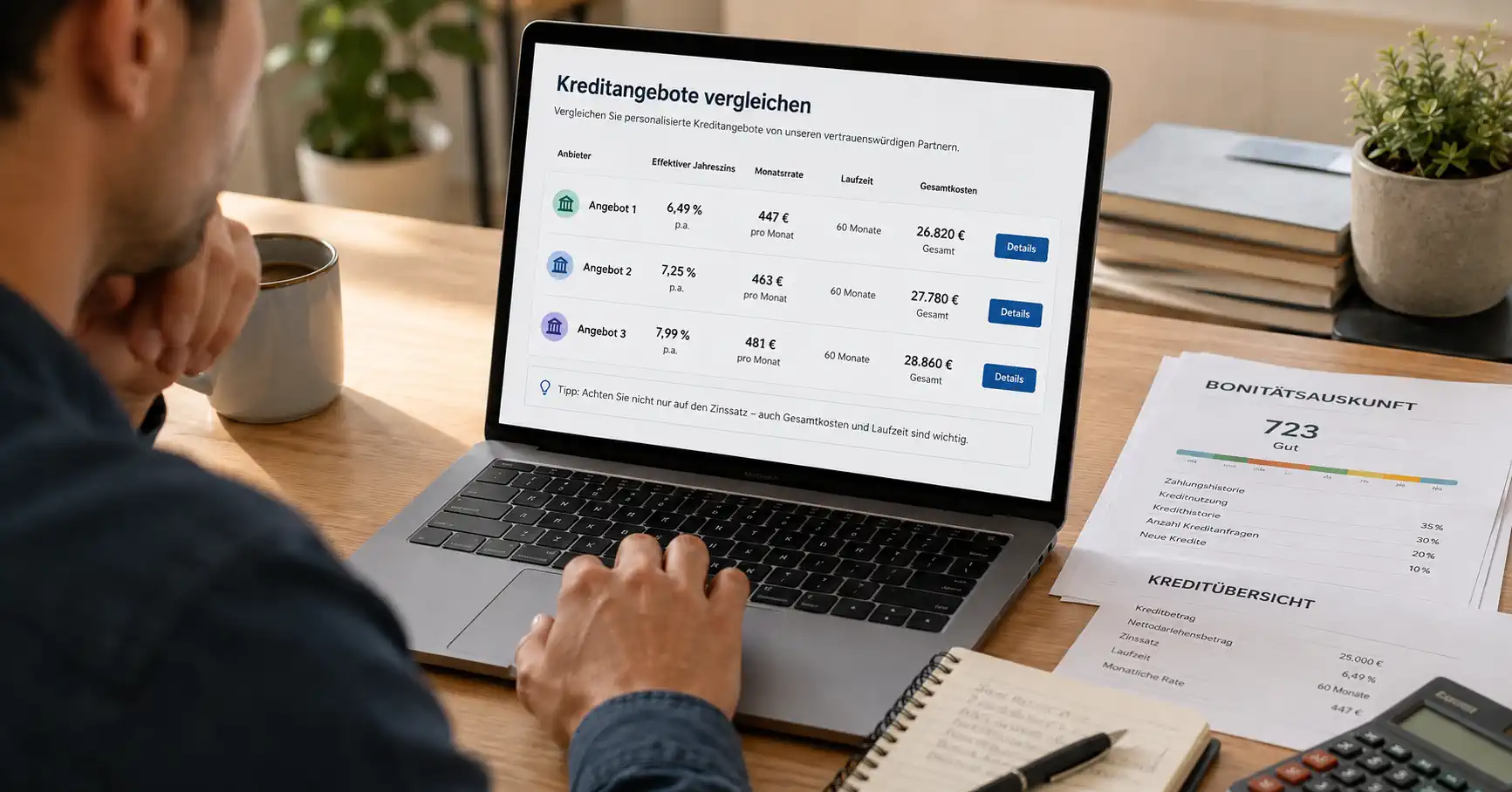 Verbraucher vergleicht Kreditportale und Kreditzinsen an einem Laptop