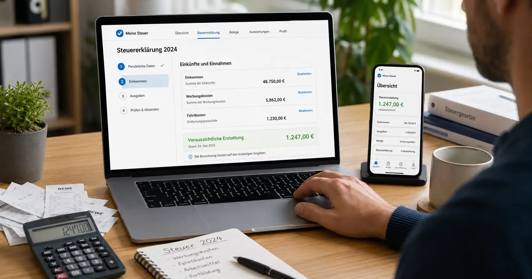 Verbraucher erstellt die Steuererklärung mit einer App am Laptop
