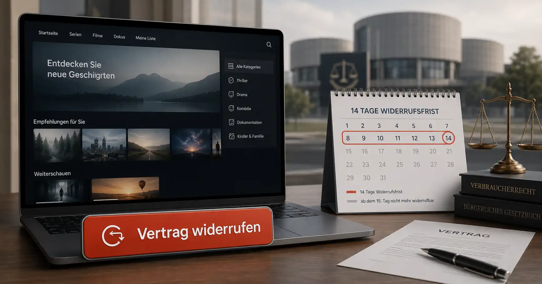 Streaming-Abo mit Widerrufsbutton und markierter 14-Tage-Frist nach dem EuGH-Urteil