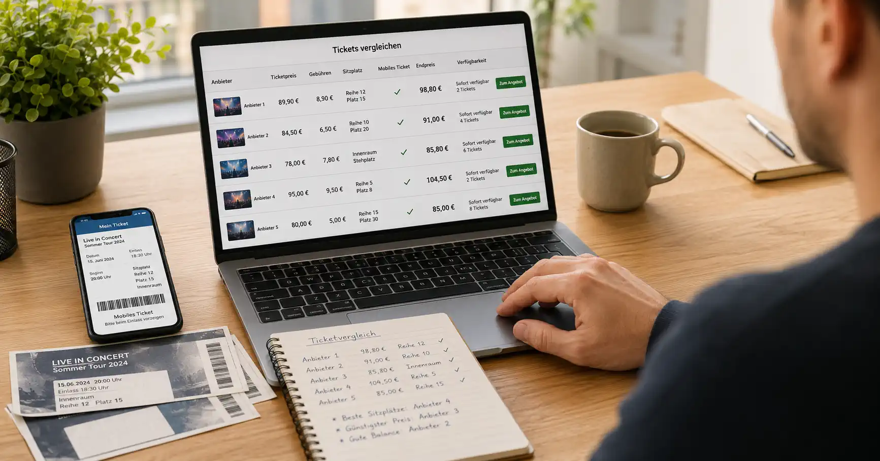 Verbraucher vergleicht Ticketportale, Preise und Gebühren am Laptop
